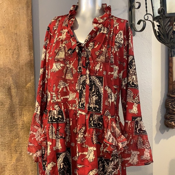 NWT Olisi Boho Red Print Ruffled Dress.  L - Picture 3 of 4